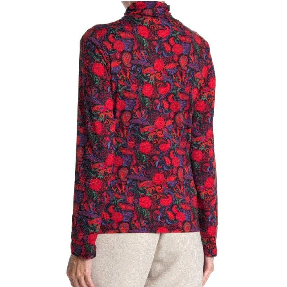 By Design Womens Red Floral Print Turtleneck Long Sleeve Jersey Top Sz M New - Picture 2 of 9